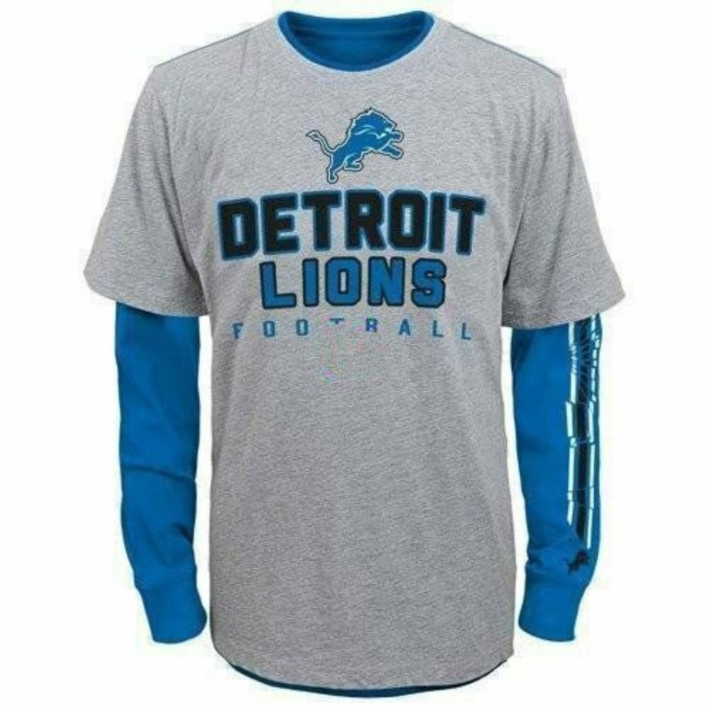 Detroit Lions Shirt 18 Boys NFL Blue Gray 3 in 1 Long Short Football Crew Tee